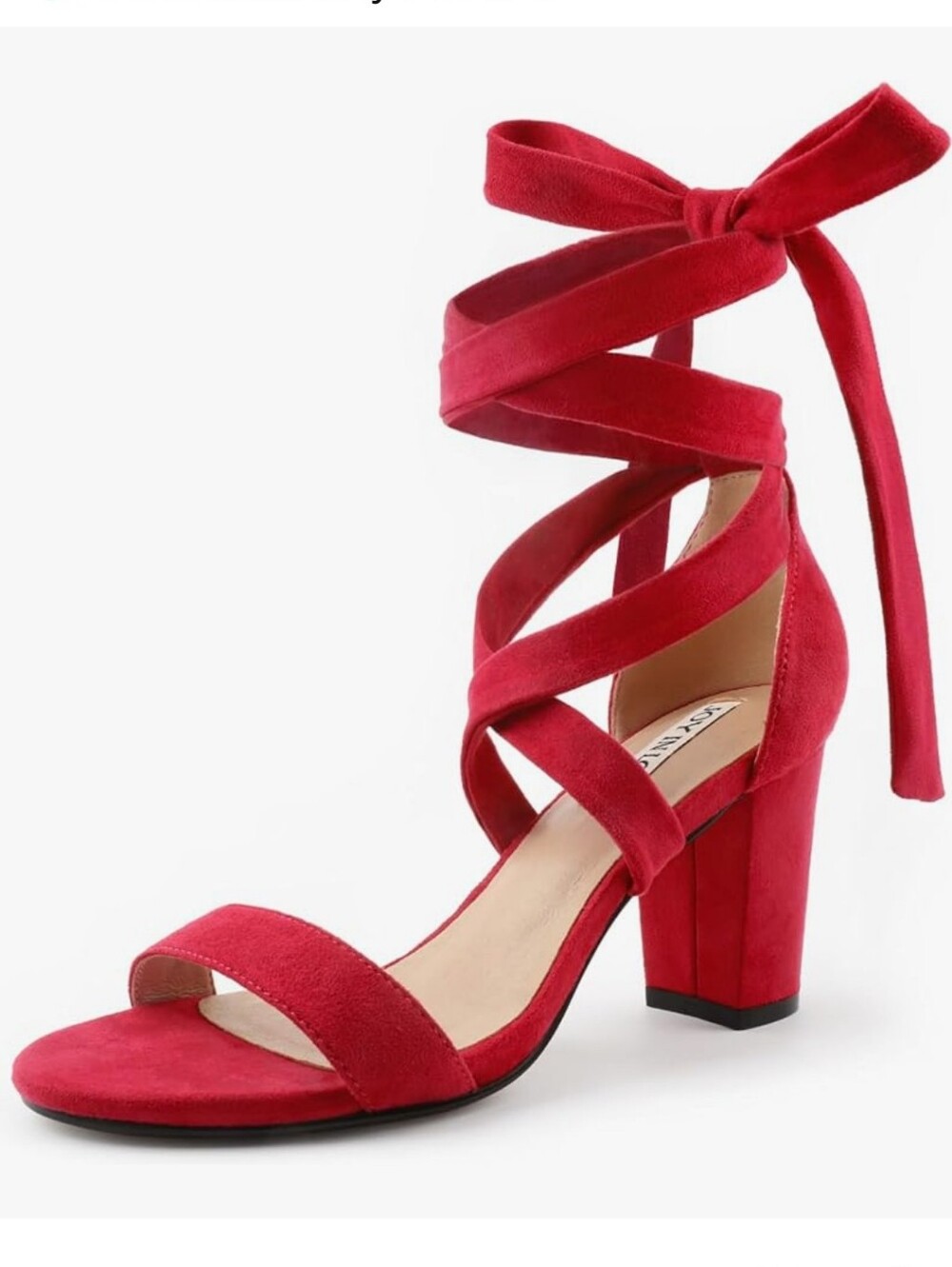 Red Suede Wrap-Ankle Block Heel Sandal